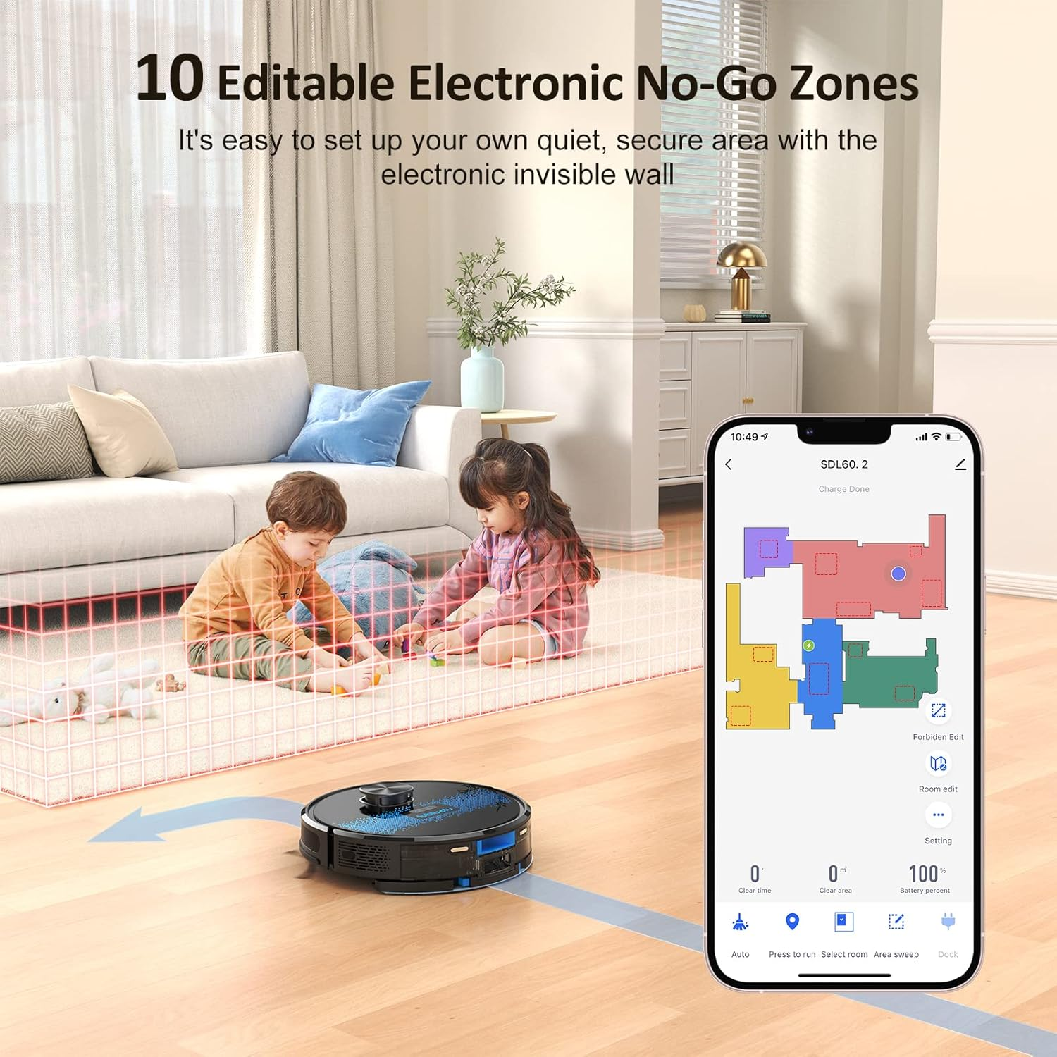 Kinder spielen im Wohnzimmer, während ein Roboterstaubsauger vor einer virtuellen Barriere reinigt.