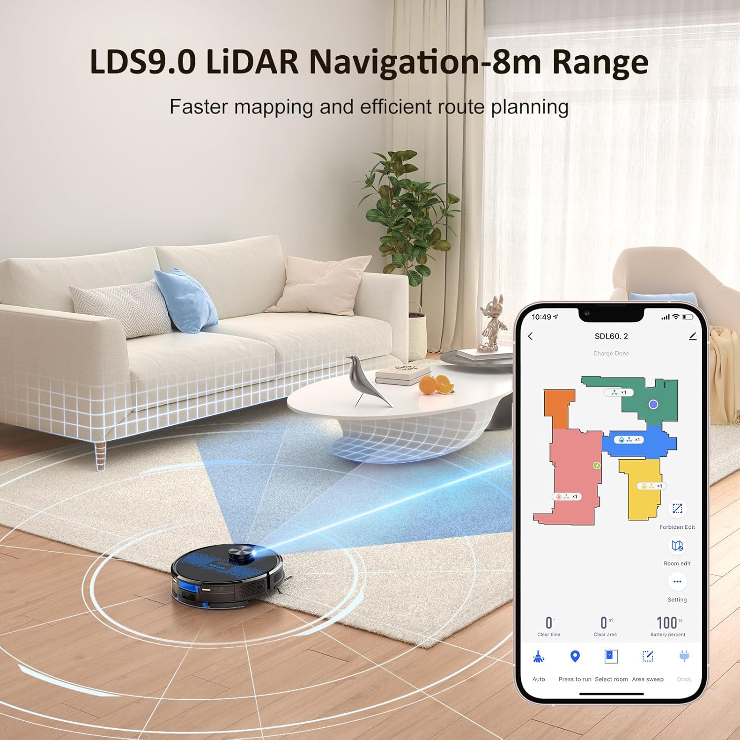 Ein Saugroboter navigiert durch ein Wohnzimmer, kartiert auf einem Smartphone mit Laserscannstrahlen.