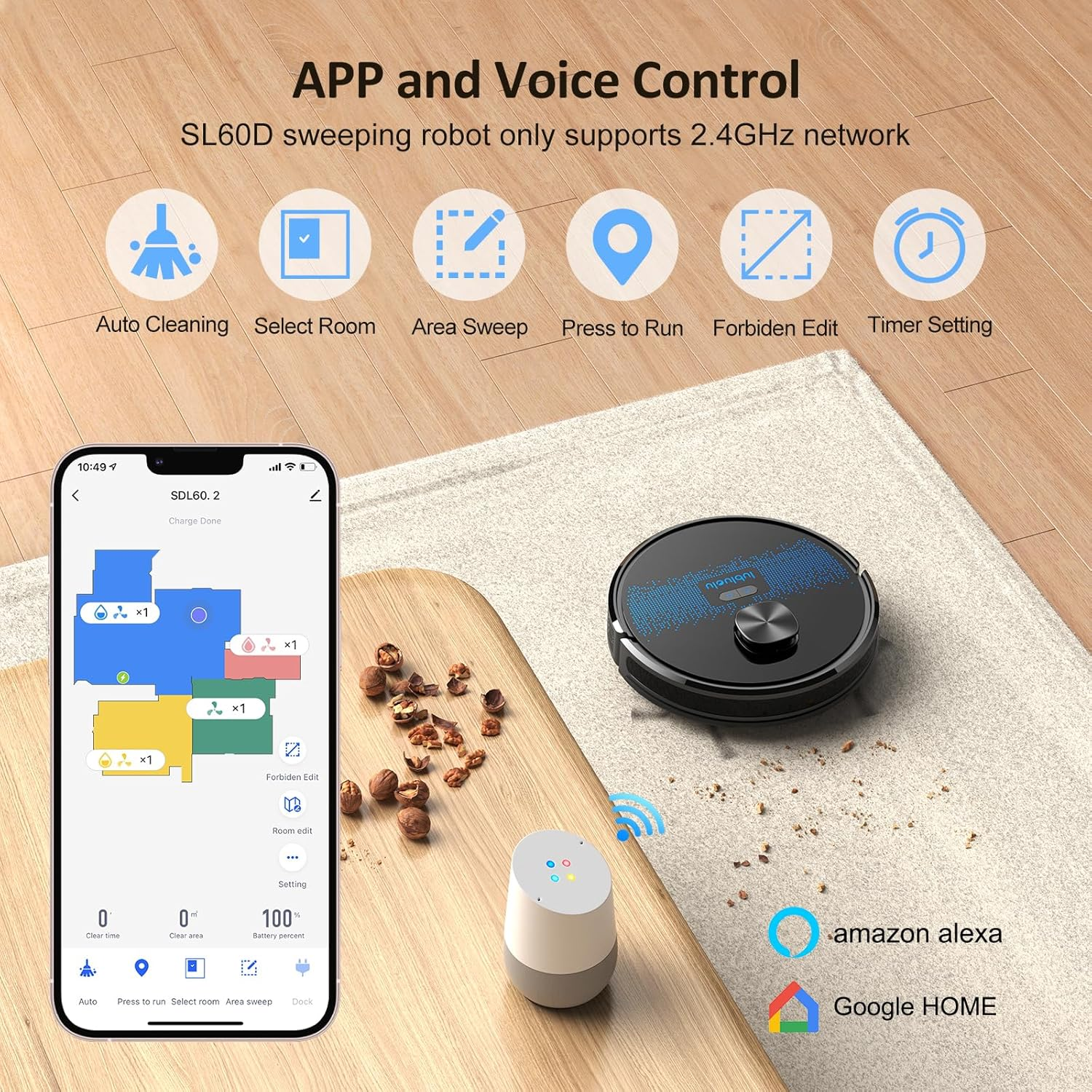 App und Sprachsteuerung für Roboterstaubsauger mit Smart Home Symbolen und App Oberfläche.