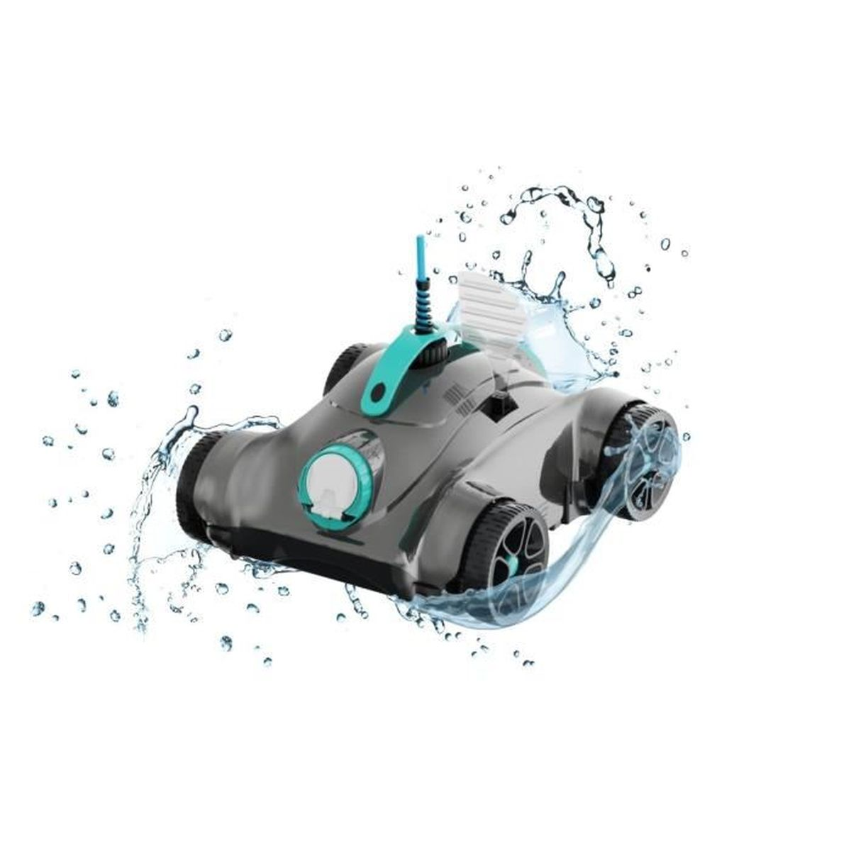 Un pulitore per piscina robotizzato grigio spruzza acqua su sfondo bianco.