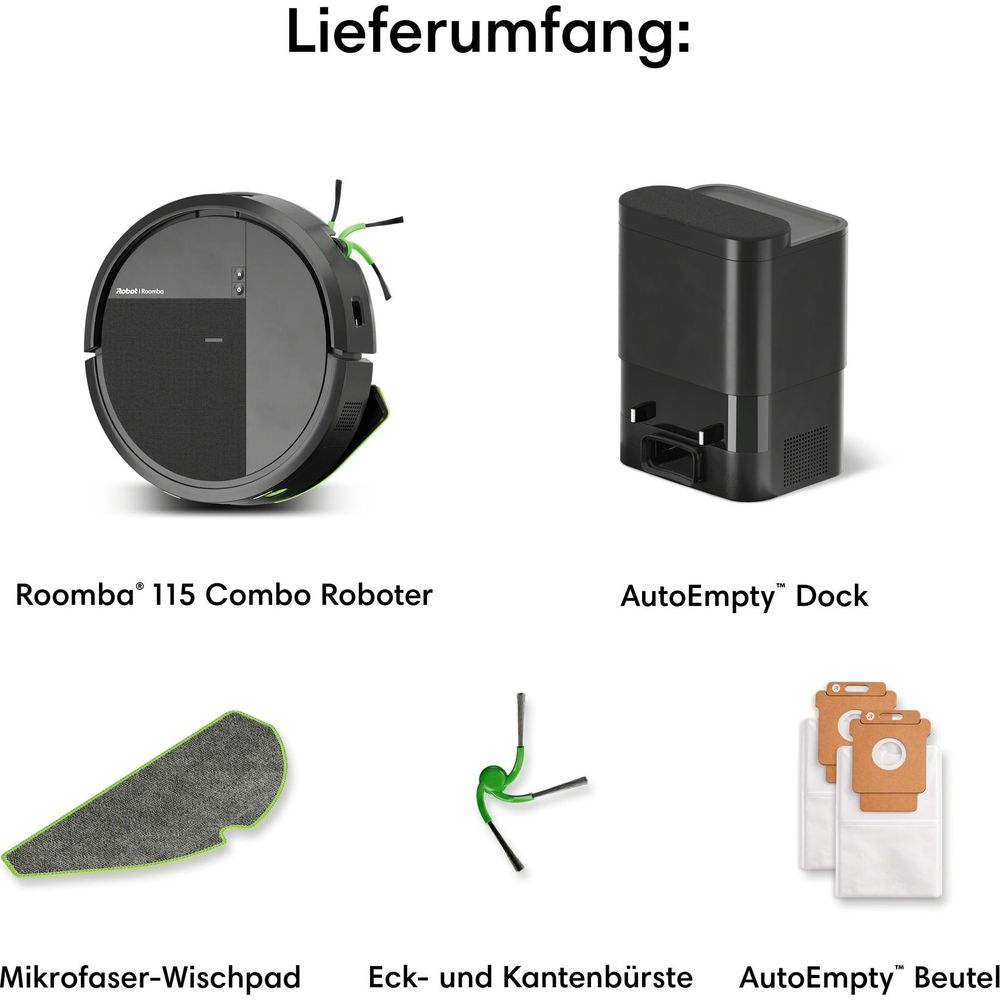 Contenuto: robot Roomba 115, base AutoEmpty, panno, spazzola laterale e sacchetti.