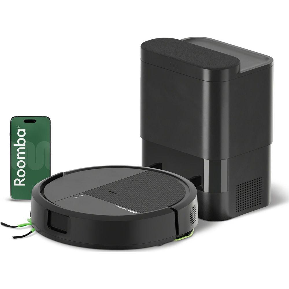 Un robot aspirapolvere Roomba nero con stazione di ricarica e un'app verde su uno smartphone su sfondo bianco.