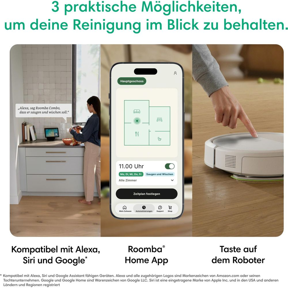 Trois façons de contrôler le nettoyage: commande vocale, appli Roomba et bouton robot.