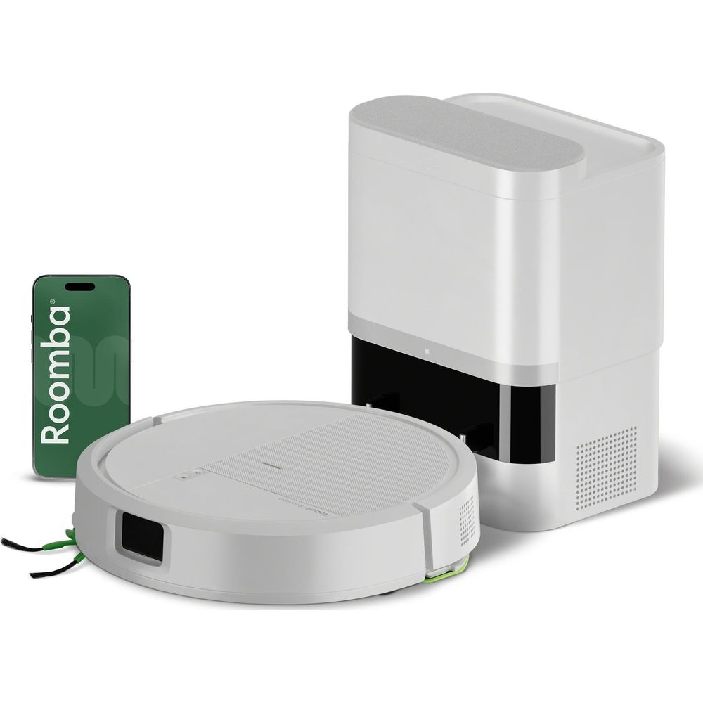 Un robot aspirateur blanc, une base de charge blanche et un smartphone avec l'appli Roomba sur fond blanc.