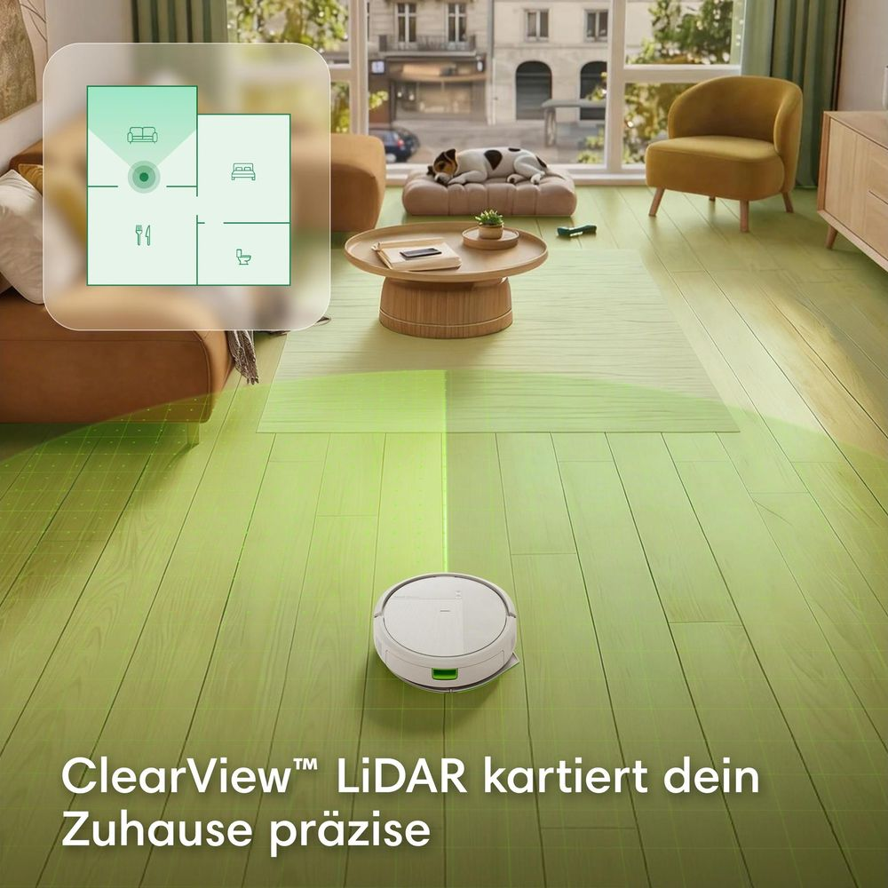 Un aspirateur robot blanc cartographie un salon lumineux avec parquet, affichant une carte numérique.