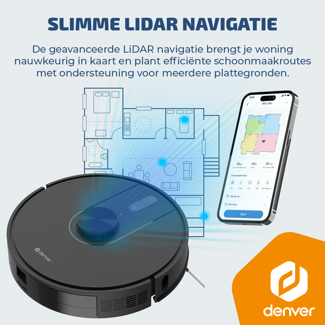 Un aspirateur robot noir, un smartphone avec application et un plan de maison bleu sur fond gris.