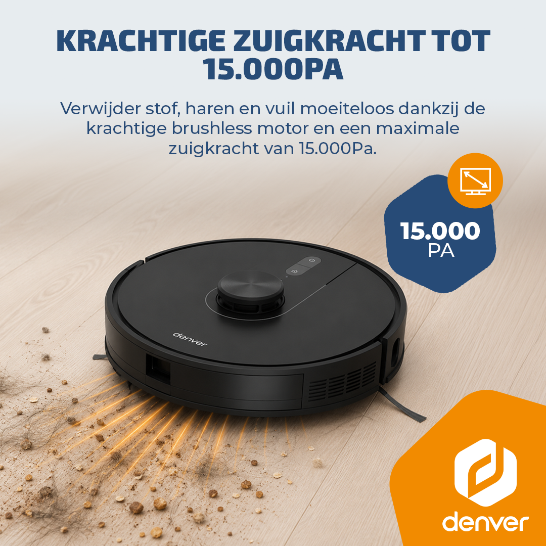 Robot aspirateur noir nettoie un sol en bois avec une aspiration de 15 000Pa.