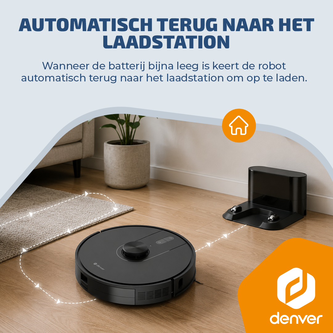 Un aspirateur robot noir sur un sol en bois retourne %u00e0 sa station de recharge, avec texte en hollandais.
