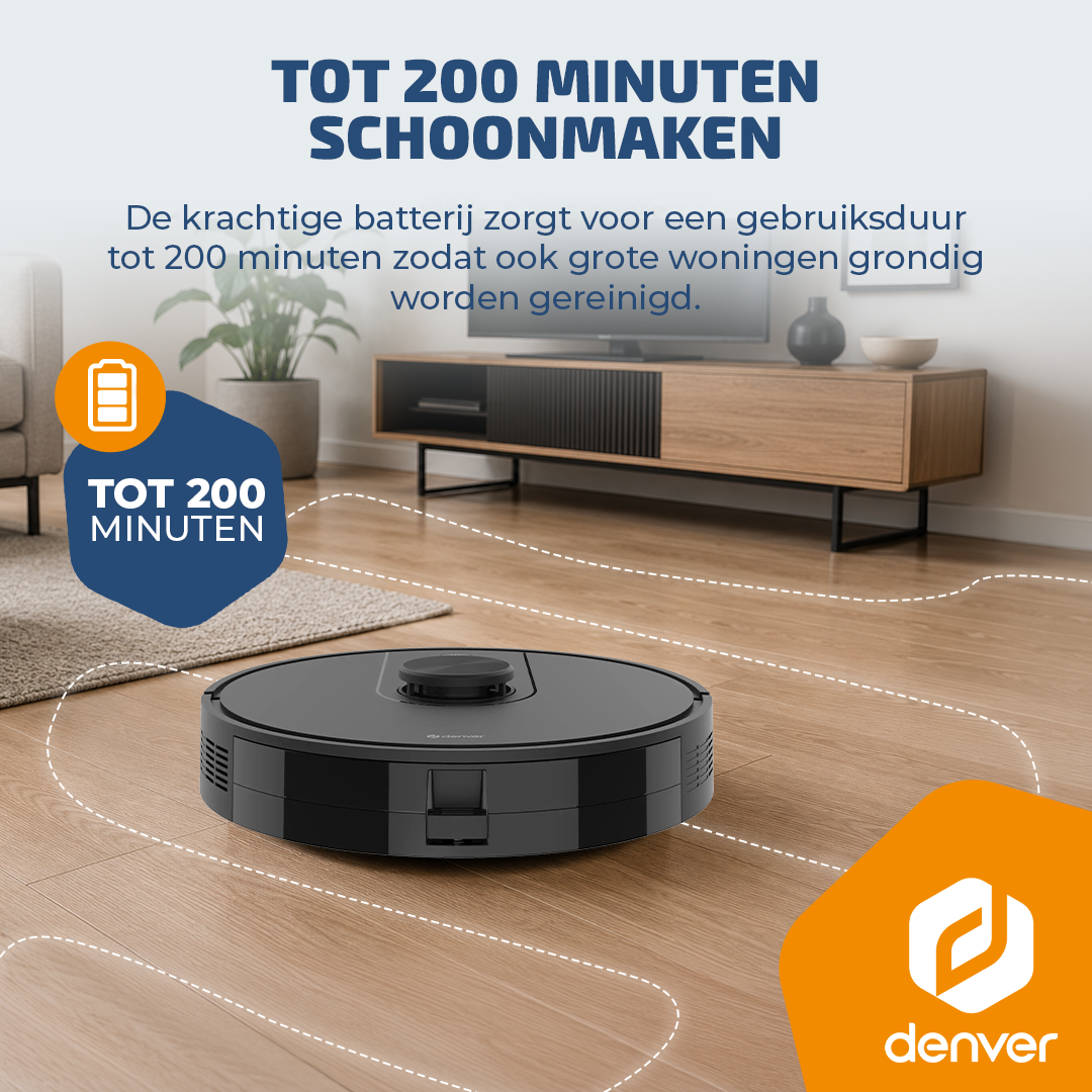 Un aspirateur robot noir sur un sol en bois dans un salon moderne avec du texte.