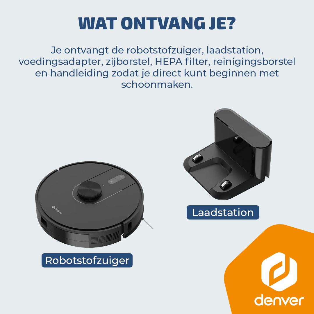 Un aspirateur robot noir et une station de charge avec du texte en néerlandais et le logo Denver.