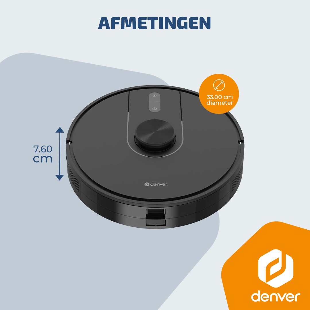 Aspirateur robot noir Denver avec des dimensions de 7,60 cm de haut et 33 cm de diamètre.