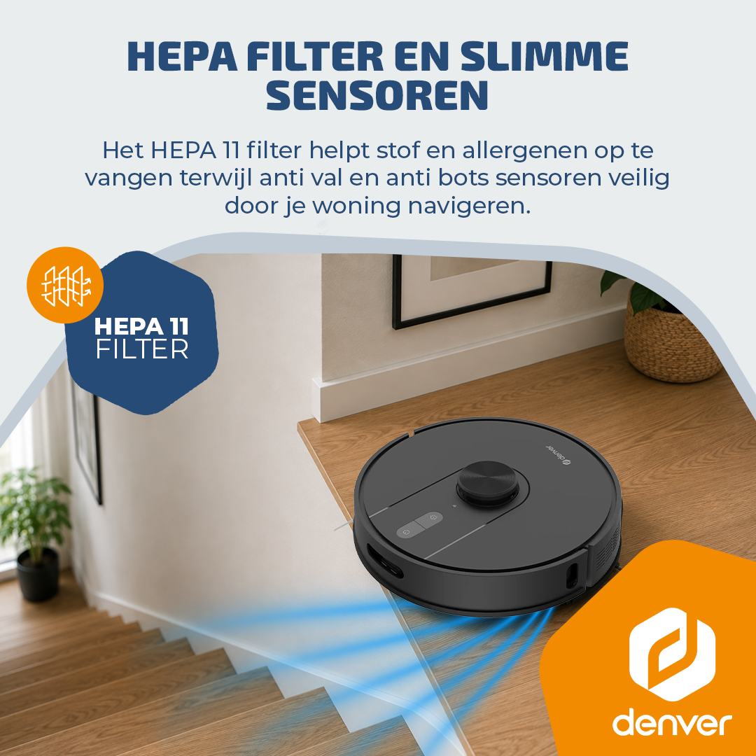Un robot aspirateur noir près d'un escalier, avec filtre HEPA et logo Denver.