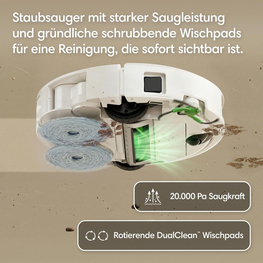 Vue inférieure d'un aspirateur robot blanc montrant des patins de lavage rotatifs et une aspiration.