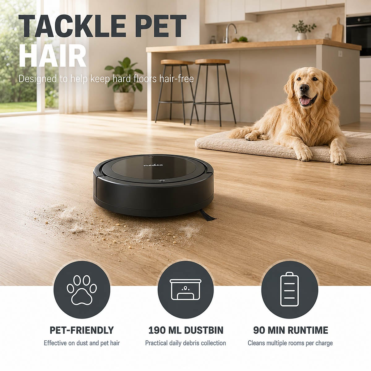 Un robot aspirapolvere nero su pavimento in legno, con un cane golden retriever che riposa su un tappeto in cucina.