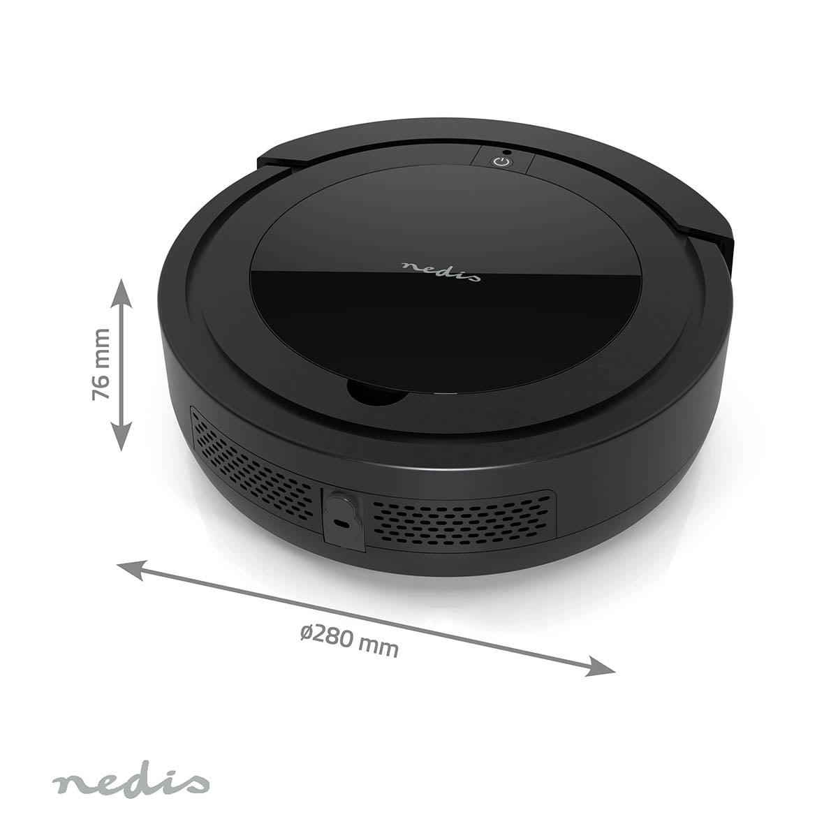 Robot aspirapolvere Nedis nero con dimensioni, 76 mm di altezza e 280 mm di diametro.