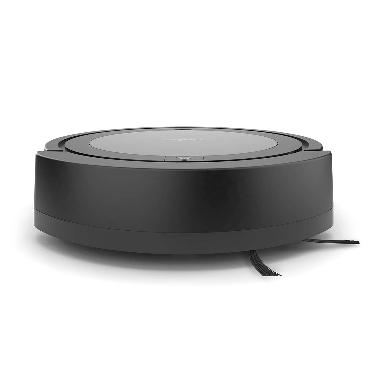 Un robot aspirapolvere rotondo e nero si trova su uno sfondo bianco.