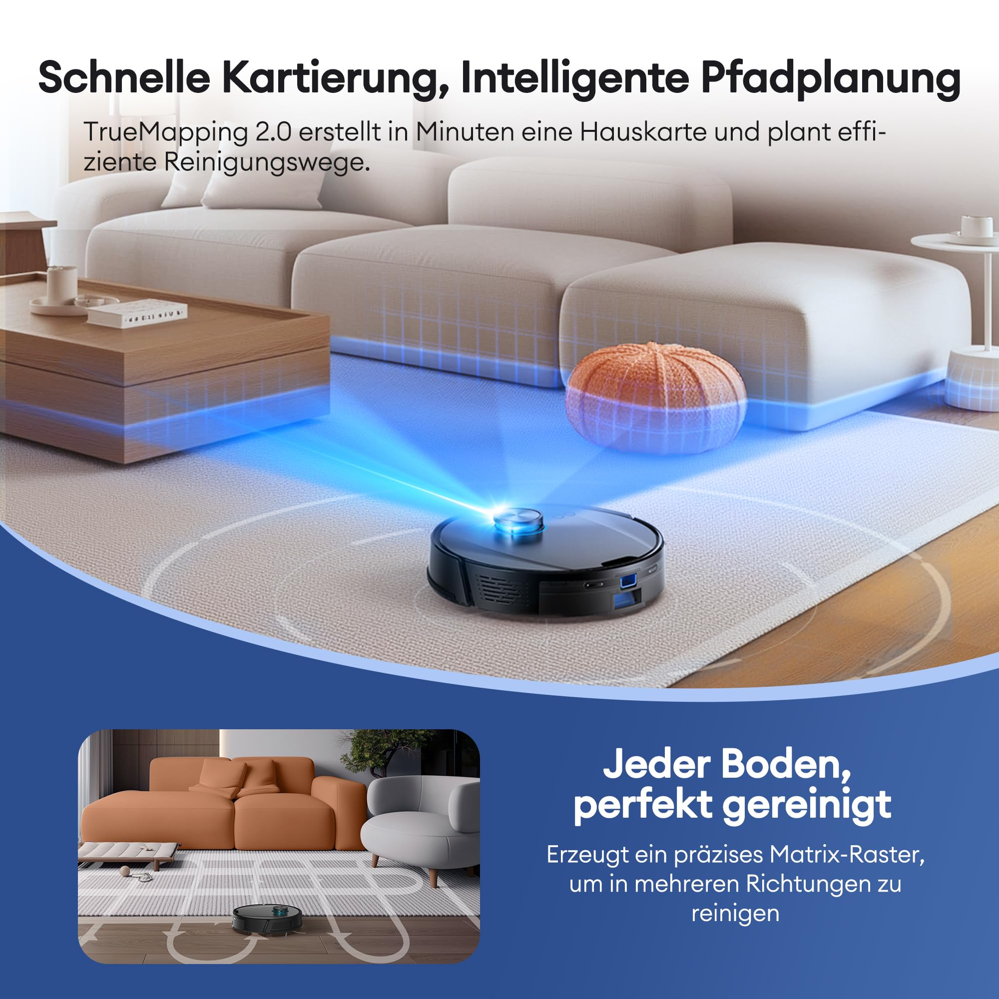 Un robot aspirapolvere mappa un soggiorno moderno con raggi laser e linee di griglia.