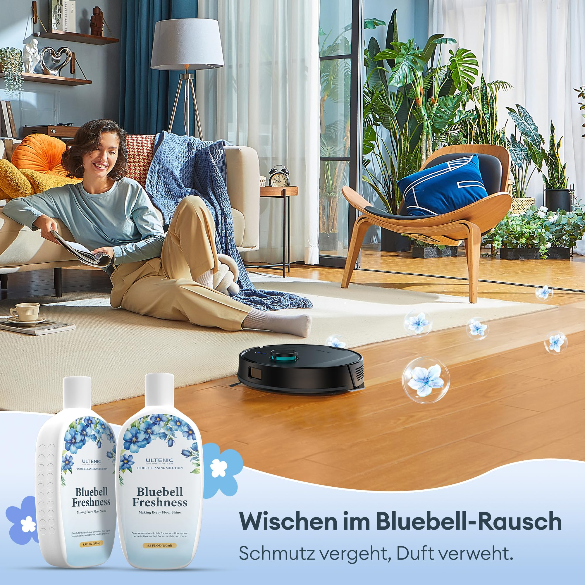 Una donna legge sul divano mentre un robot aspirapolvere pulisce. Due flaconi di Bluebell Freshness.