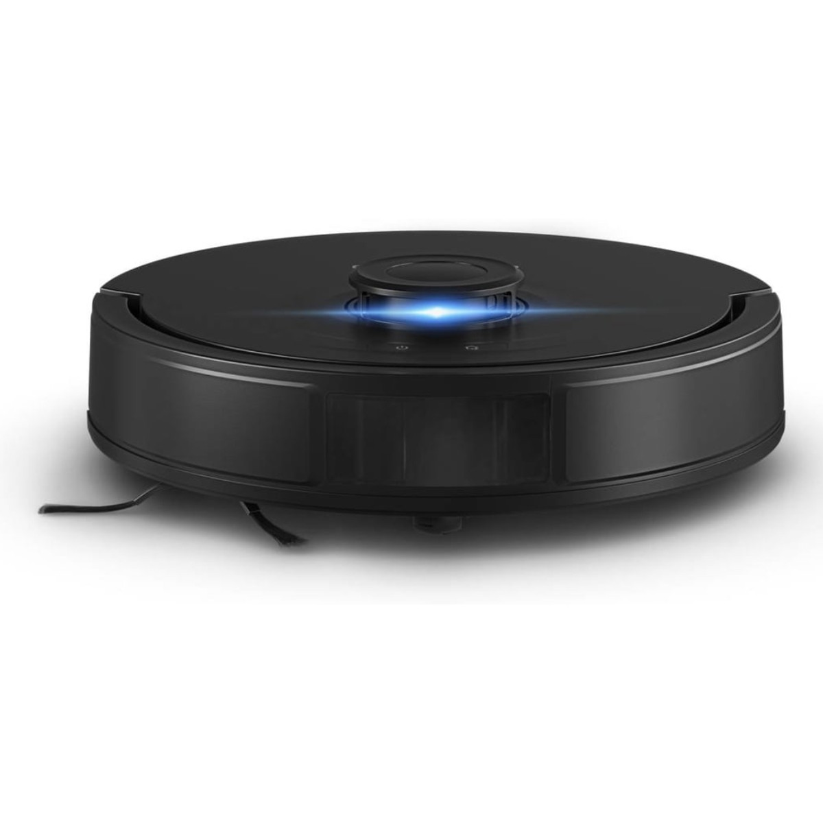 Un robot aspirapolvere nero con un sensore laser blu luminoso in alto, su sfondo bianco.