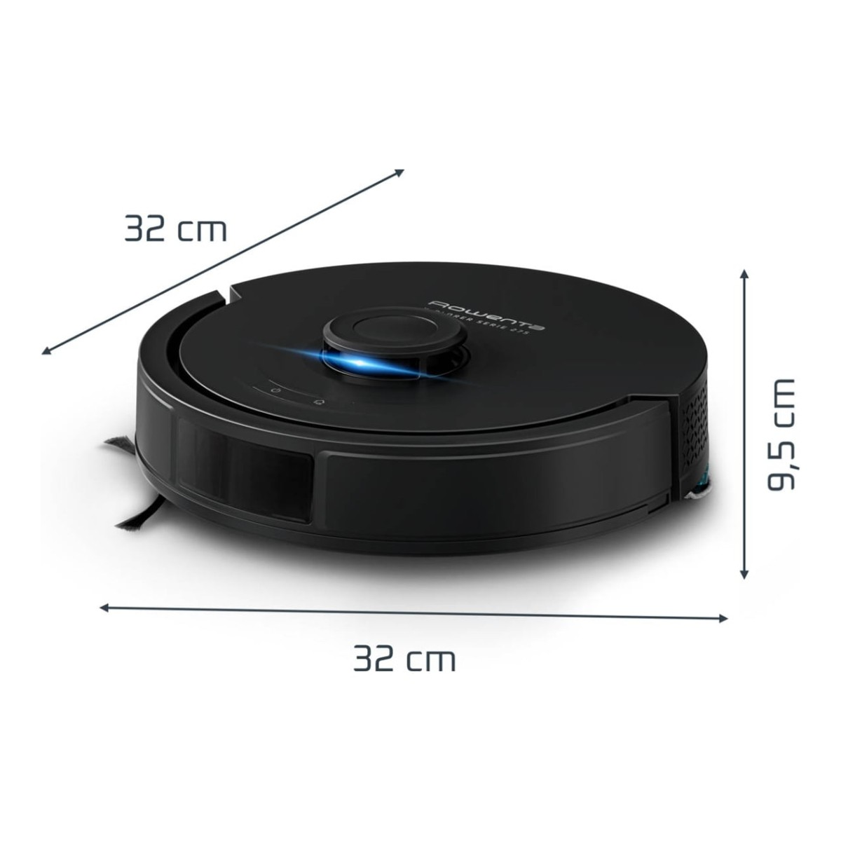 Robot aspirapolvere nero con dimensioni di 32 cm per 32 cm e un altezza di 9,5 cm.