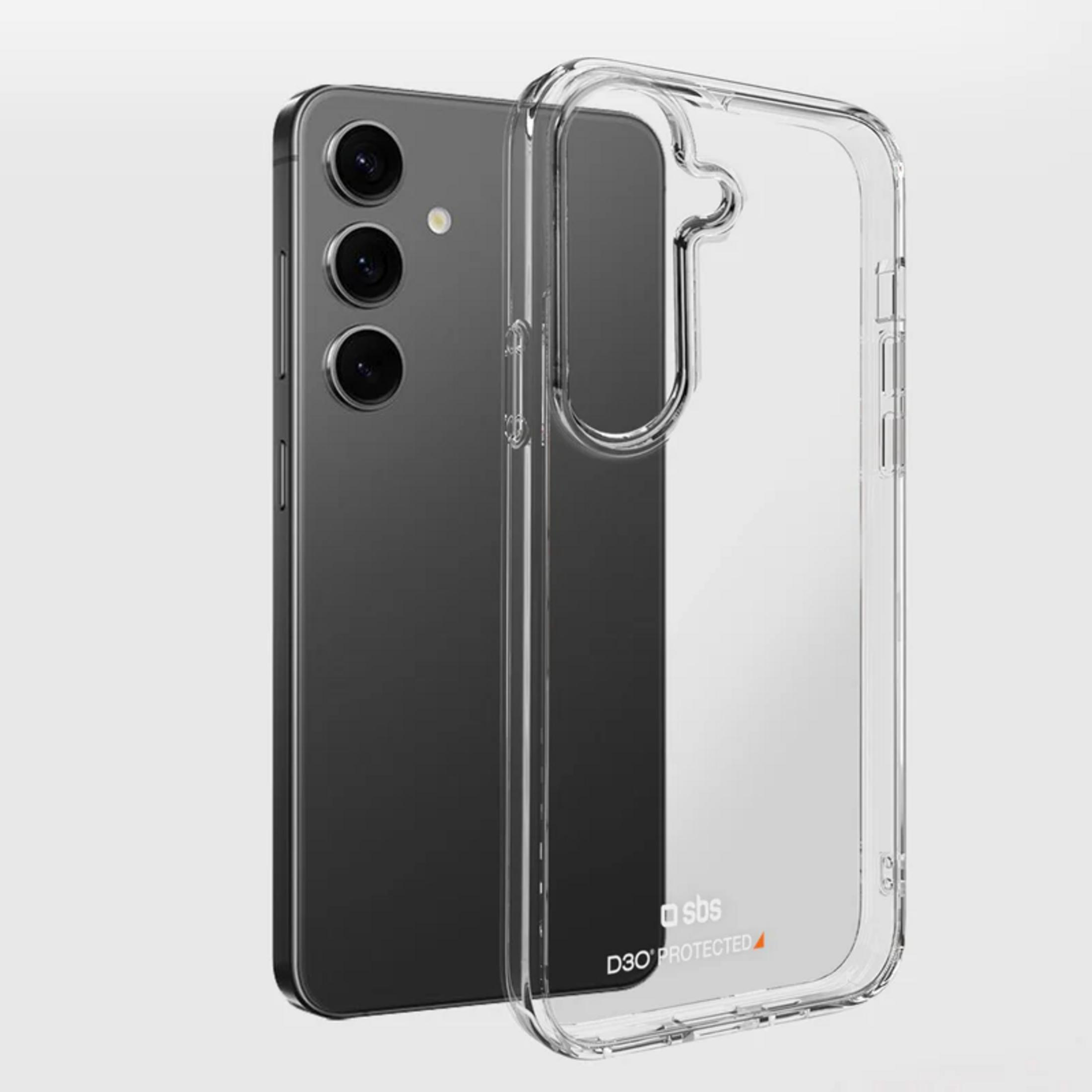 Szary smartfon obok przezroczystego etui ochronnego na jasnym tle.