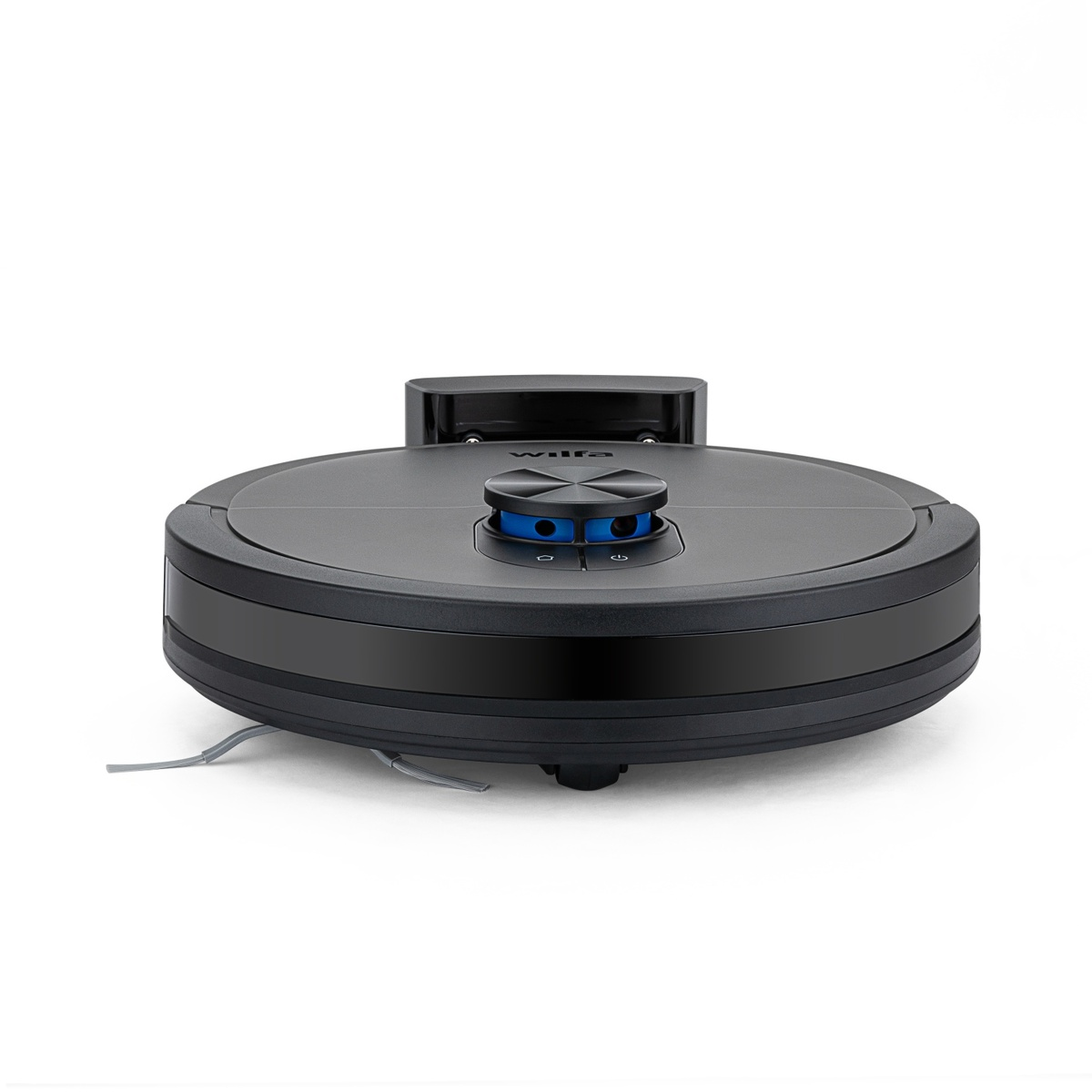 Un robot aspirapolvere nero con dettagli blu e torre LiDAR su sfondo bianco.