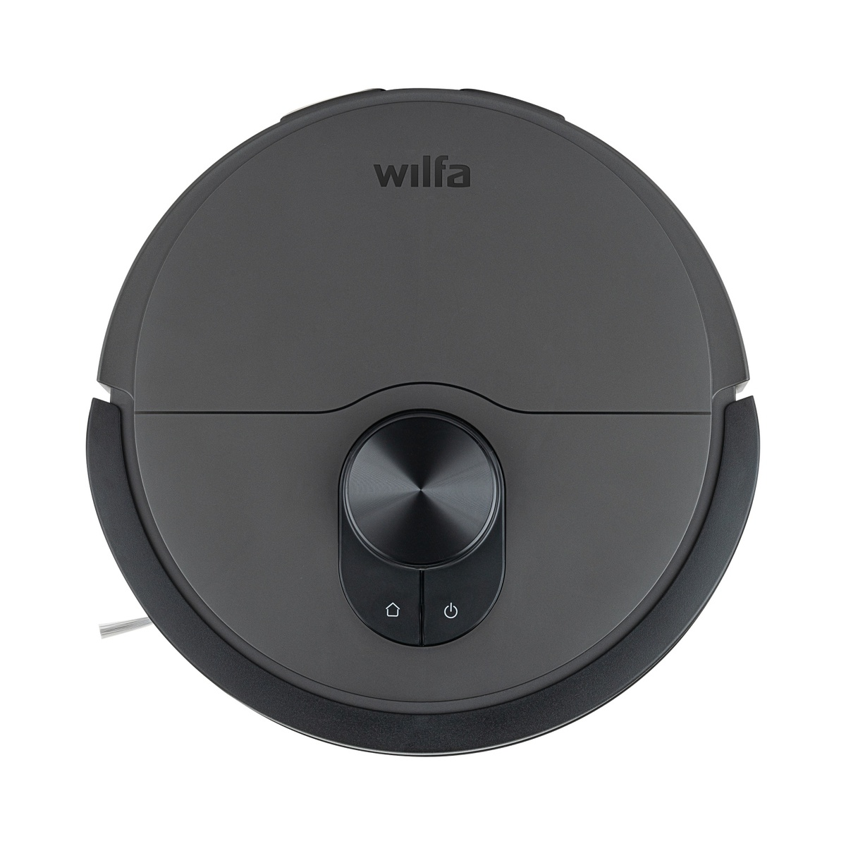 Robot aspirapolvere Wilfa grigio scuro visto dall'alto con pulsanti e logo.