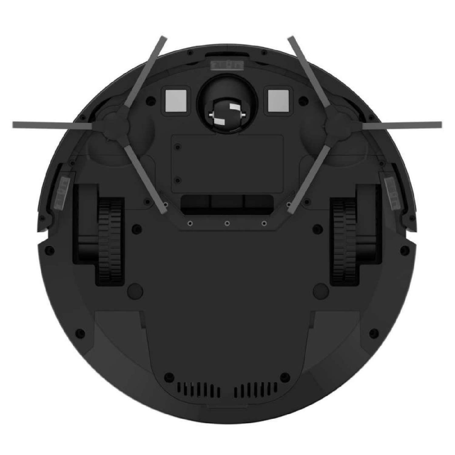 Vista dal basso di un aspirapolvere robot nero che mostra due spazzole laterali, ruote e sensori.