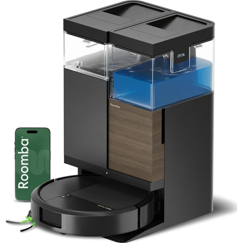 Un robot aspirapolvere nero nella sua base con due serbatoi d'acqua e uno smartphone accanto.