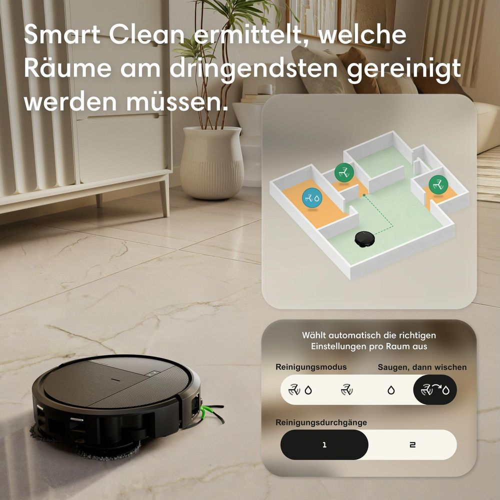 Un robot aspirapolvere nero su pavimento piastrellato con interfaccia di pulizia.