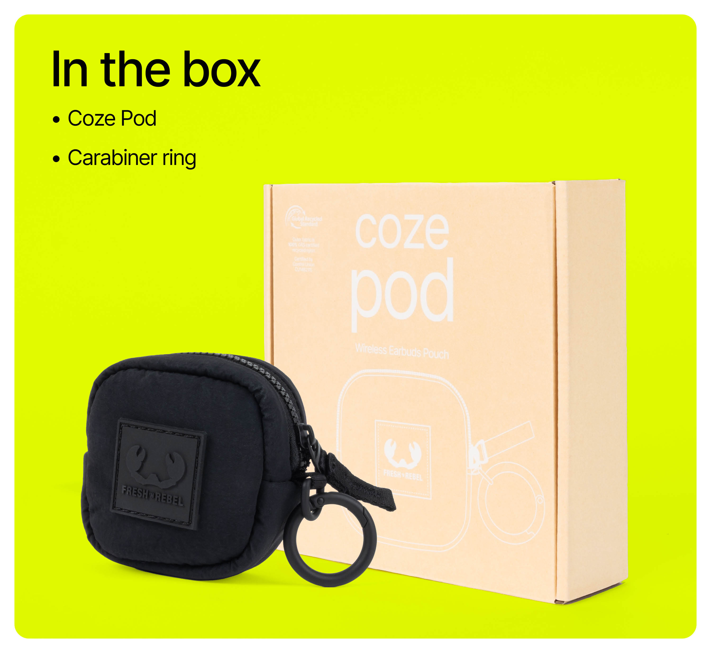 Contenido: Coze Pod y anillo de mosquetón, con funda negra y caja de cartón.