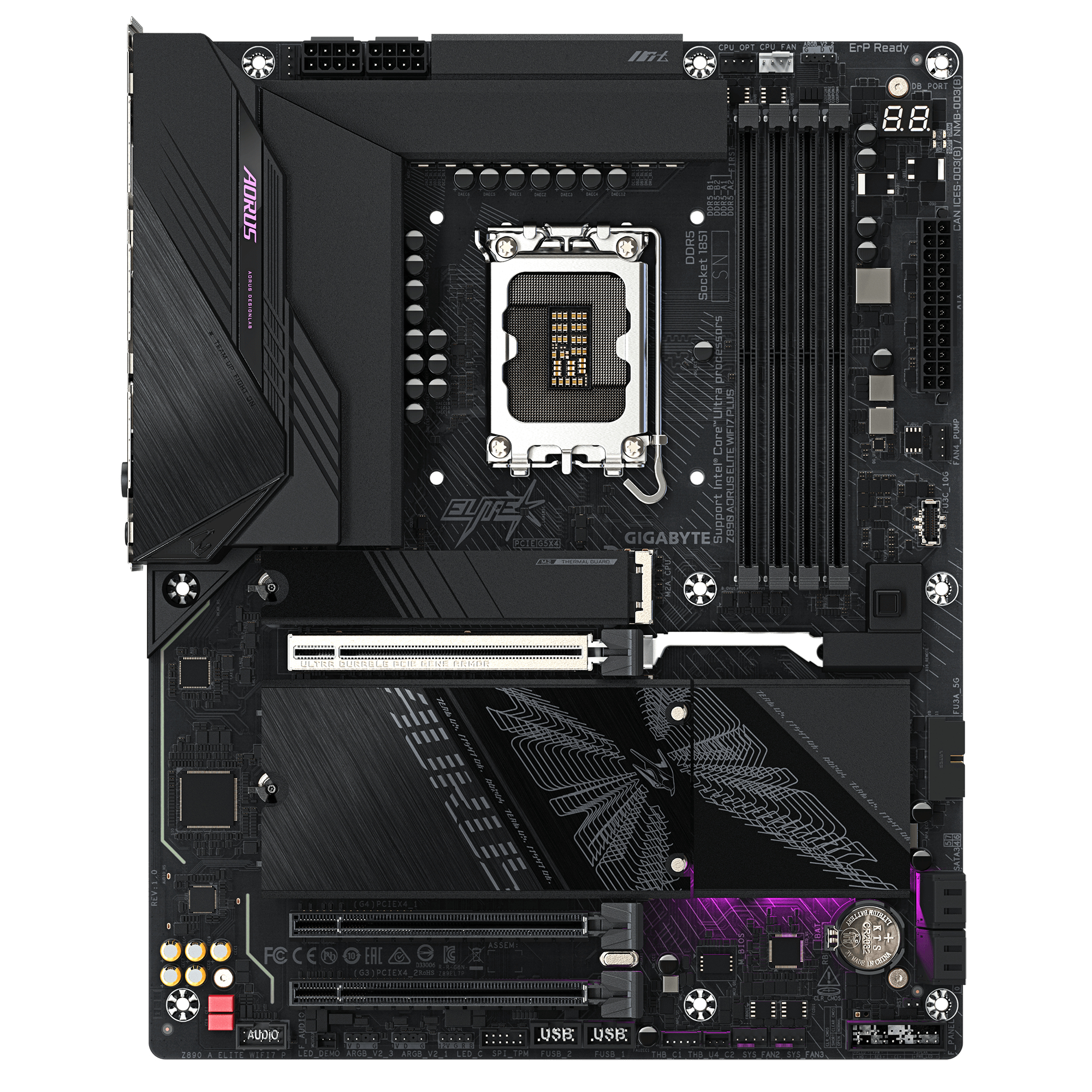 Scheda madre nera Gigabyte Z890 Aorus Elite WiFi7 con socket CPU, slot RAM e porte PCIe.
