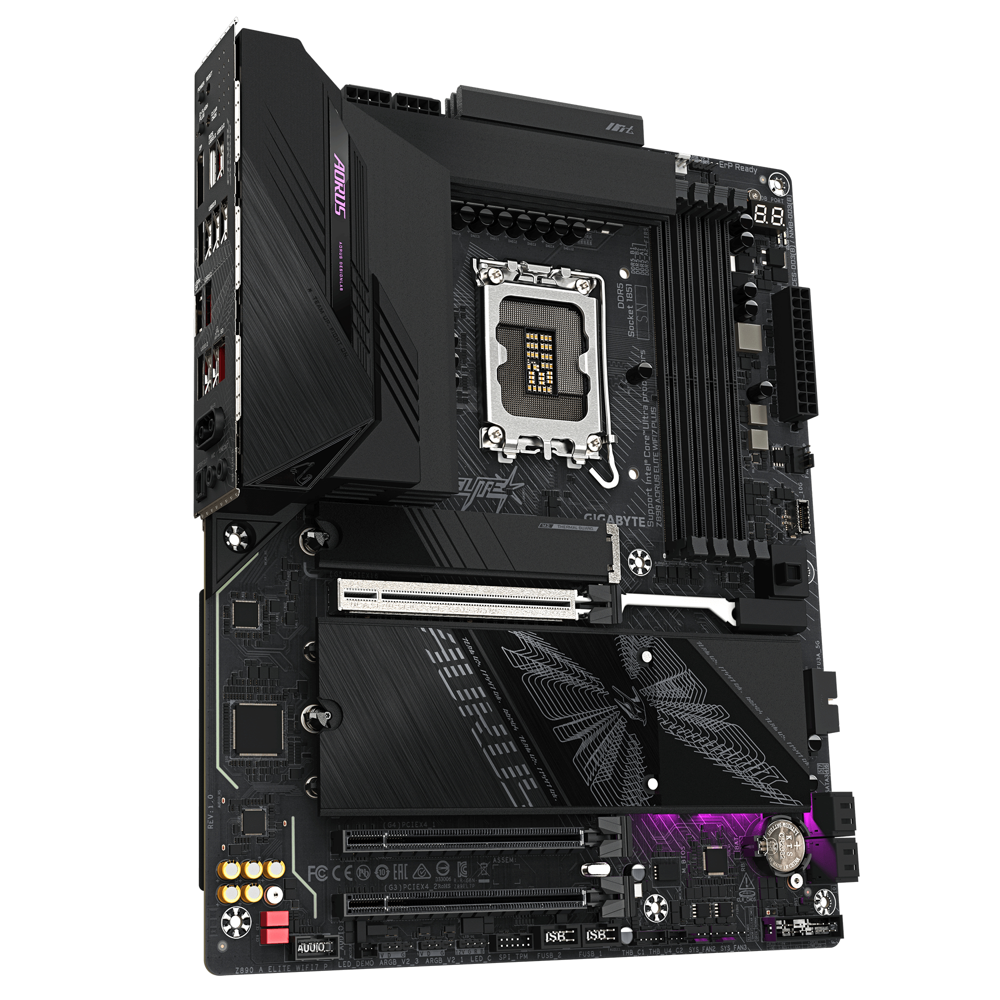 Una scheda madre nera Gigabyte Z890 Aorus Elite con dissipatori, socket CPU e slot PCIe.