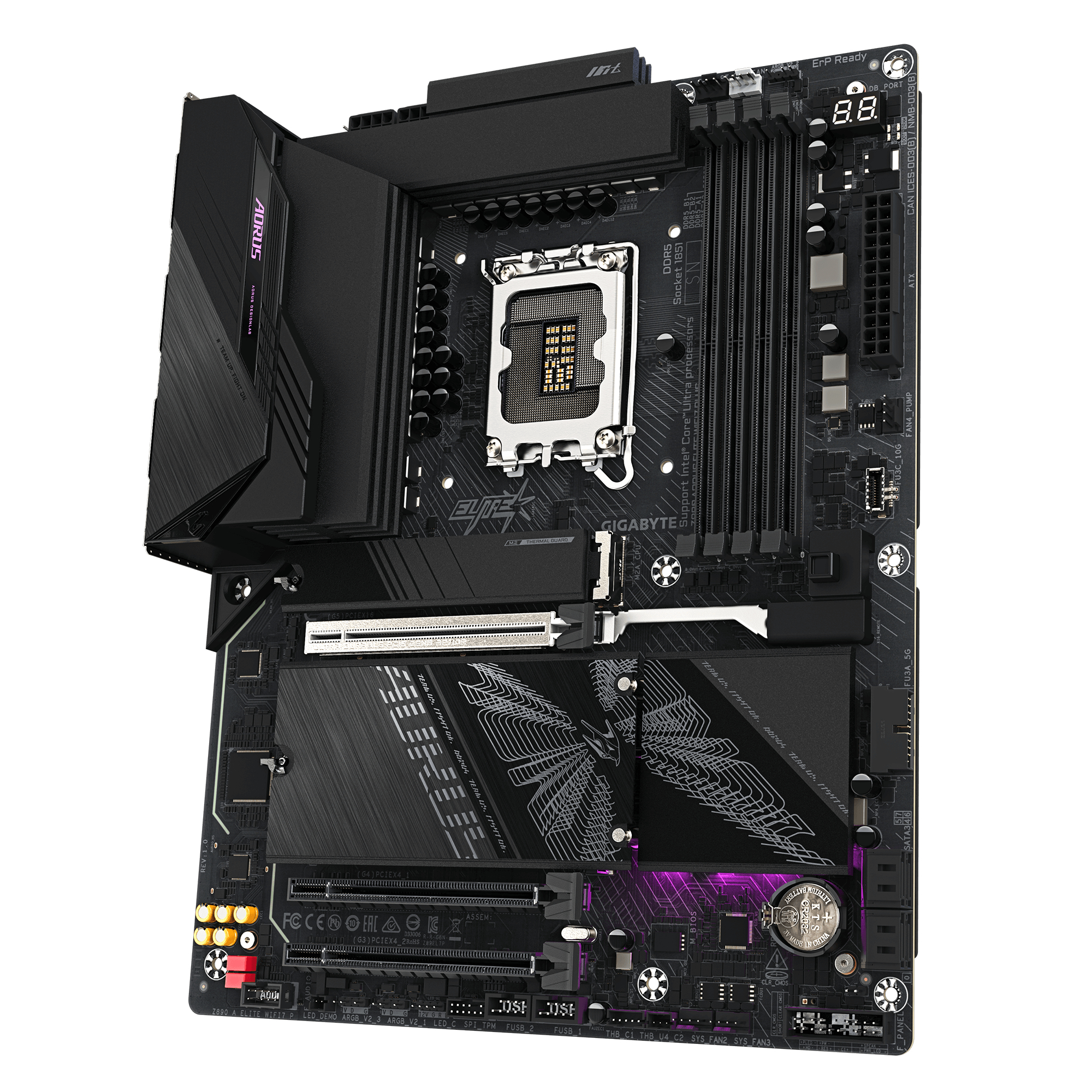 Scheda madre nera Gigabyte Aorus con socket CPU, slot RAM e dissipatori su sfondo bianco.