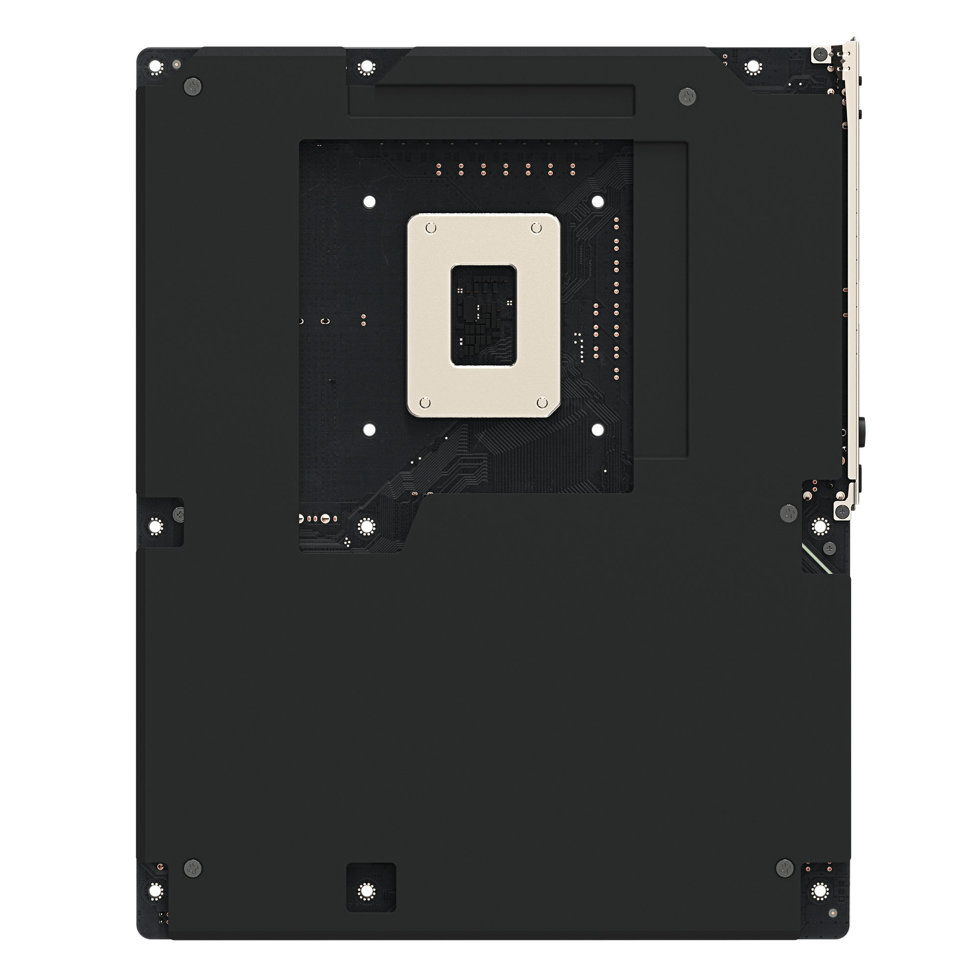 Una scheda madre nera per computer con un socket CPU argentato al centro e porte metalliche sul lato.
