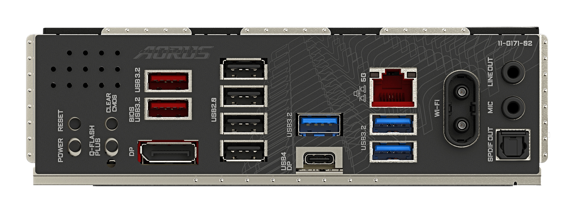 Pannello I/O della scheda madre con porte USB, Ethernet, connettori antenna Wi-Fi e jack audio.