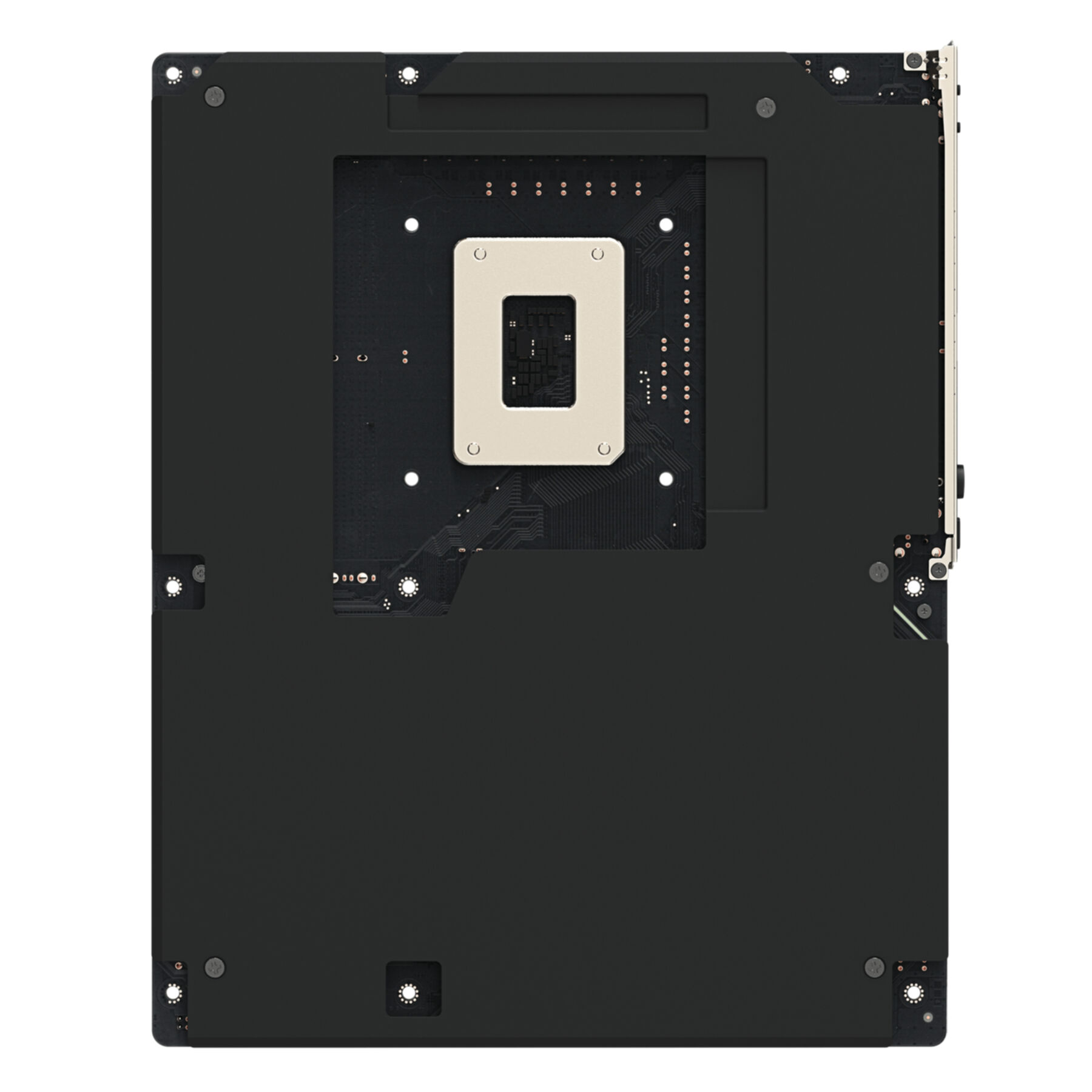 Vista posteriore di una scheda madre nera con socket CPU argentato.