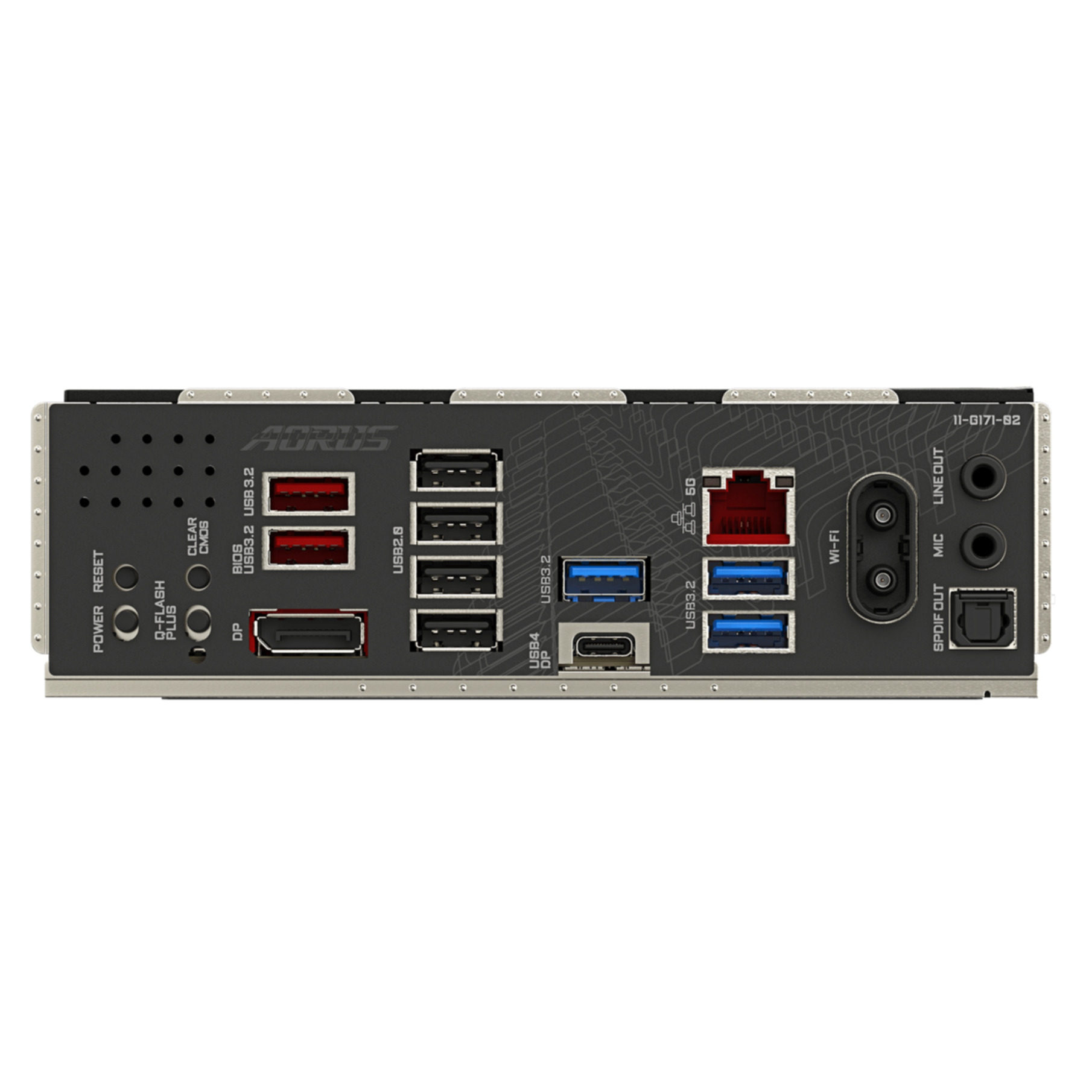 Pannello I/O della scheda madre con porte USB, Ethernet, DisplayPort e audio su piastra nera.