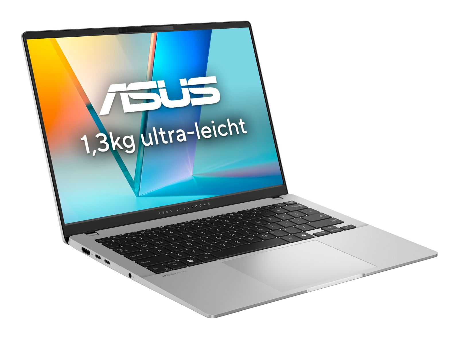 Ein silberner ASUS Vivobook Laptop mit farbigem Bildschirm und der Aufschrift 1,3kg ultra-leicht.