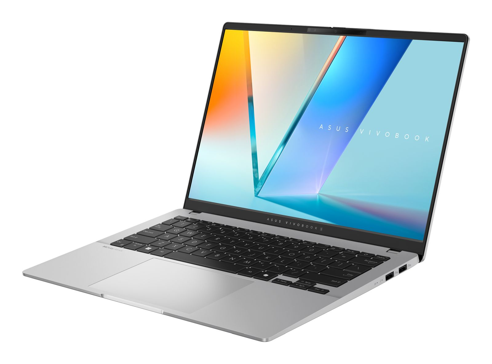 Ein silberner ASUS Vivobook Laptop mit schwarzer Tastatur und buntem Bildschirm auf weißem Hintergrund.