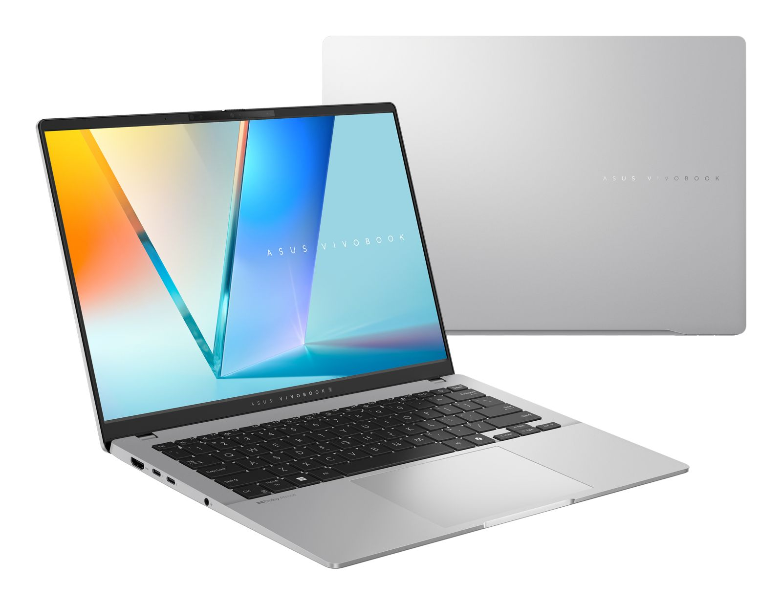 Silberner ASUS Vivobook Laptop von vorne und oben gezeigt, mit farbigem Bildschirm und schwarzer Tastatur.