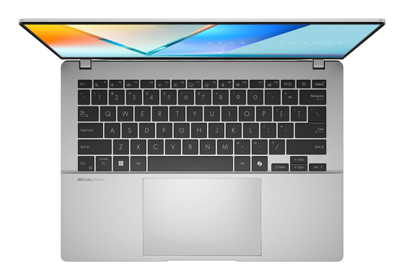 Silberner Laptop von oben mit geöffnetem Bildschirm und schwarzer QWERTZ-Tastatur.