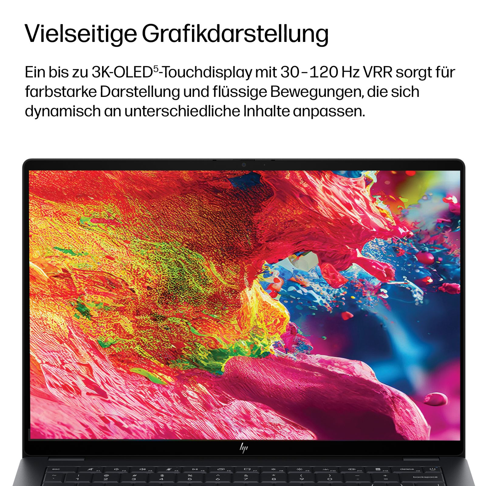 Laptop mit einem bunten, abstrakten Display und deutschem Werbetext darüber.