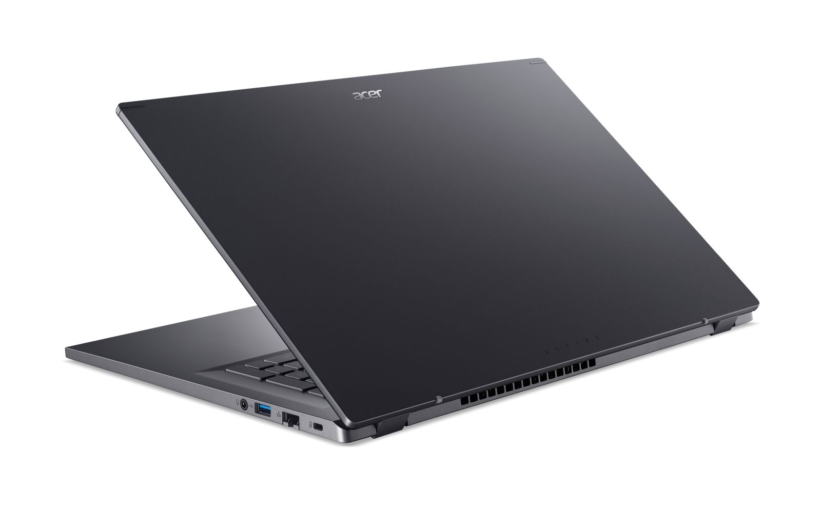 Ein elegantes, dunkelgraues Acer Aspire Laptop wird geschlossen vor weißem Hintergrund gezeigt, mit sichtbaren Anschlüssen.