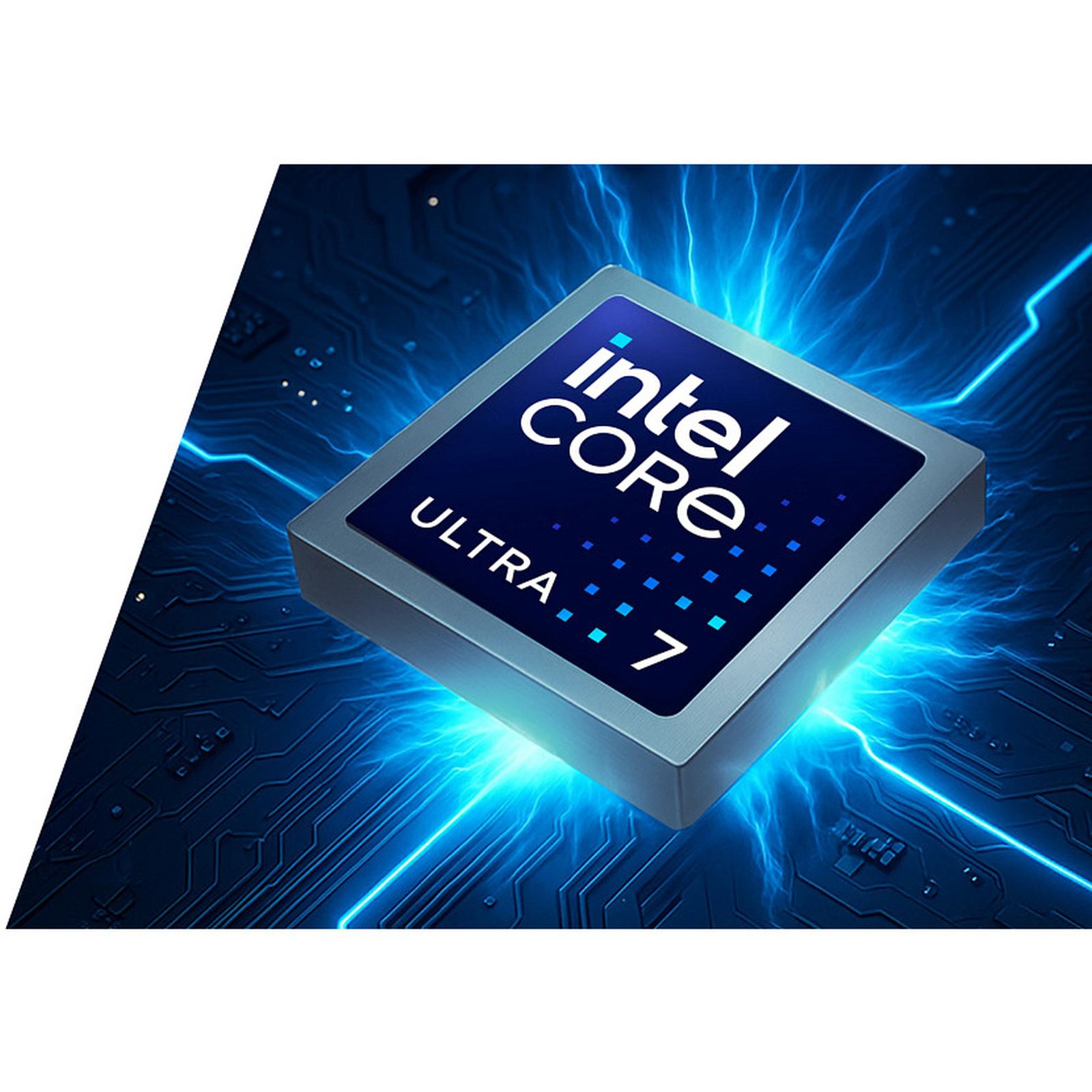 Ein Intel Core Ultra 7 Prozessor auf einer blauen Leiterplatte mit leuchtenden Linien.
