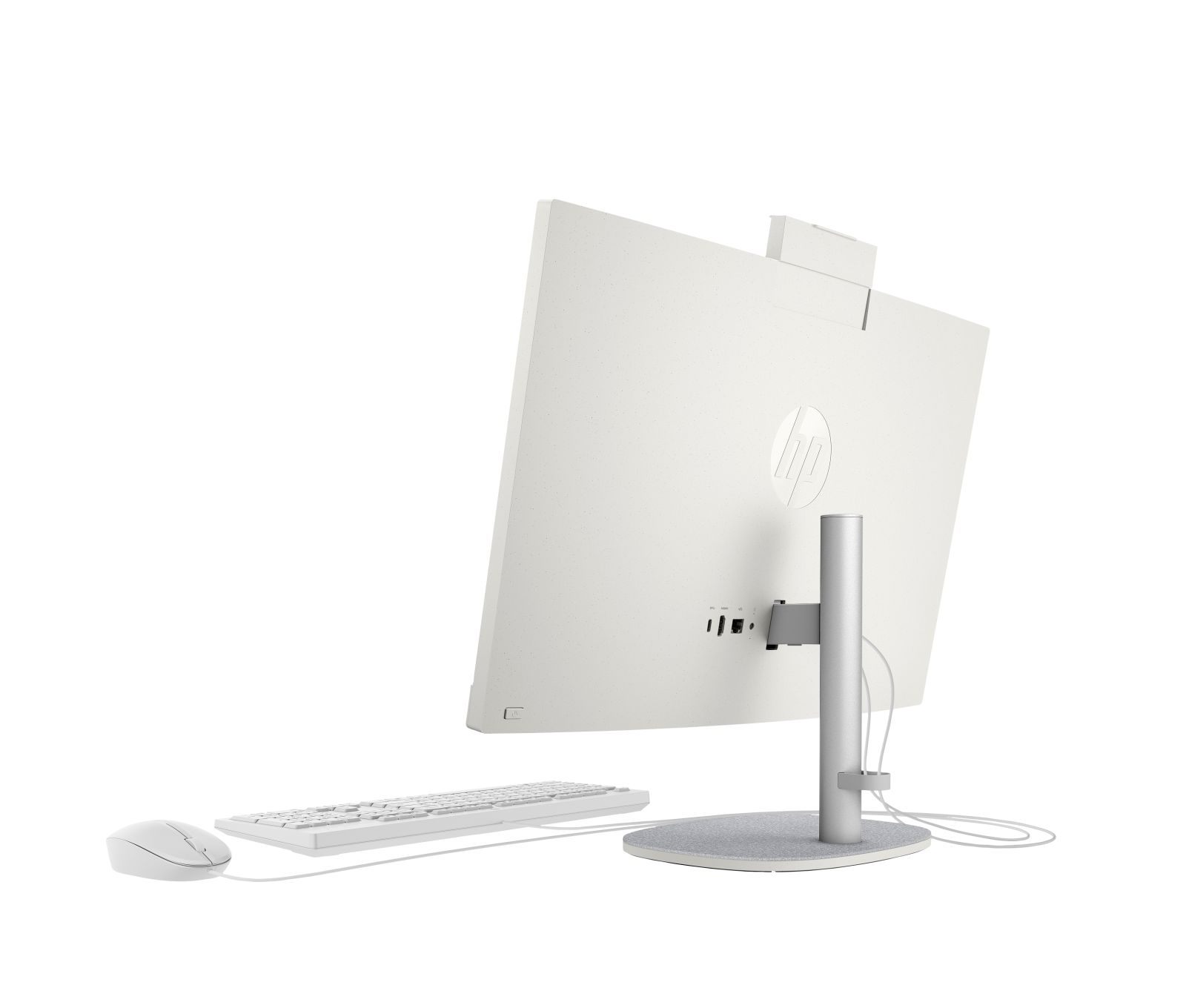 Ein weißer All-in-One-Desktop-Computer mit Tastatur und Maus auf weißem Hintergrund.