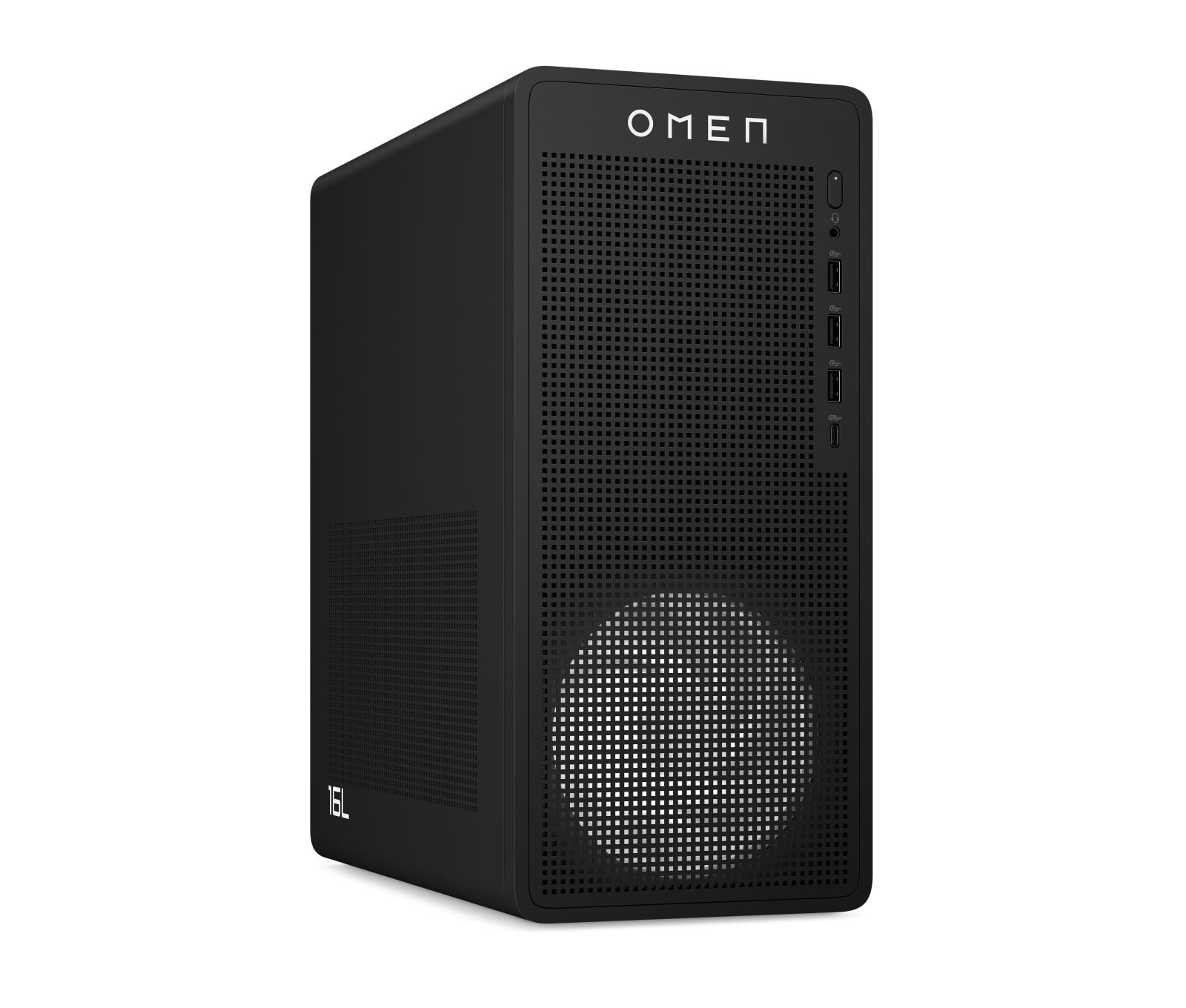Ein schwarzer HP Omen Desktop-PC mit perforierter Vorderseite und einem leuchtend weißen Lüfter unten.