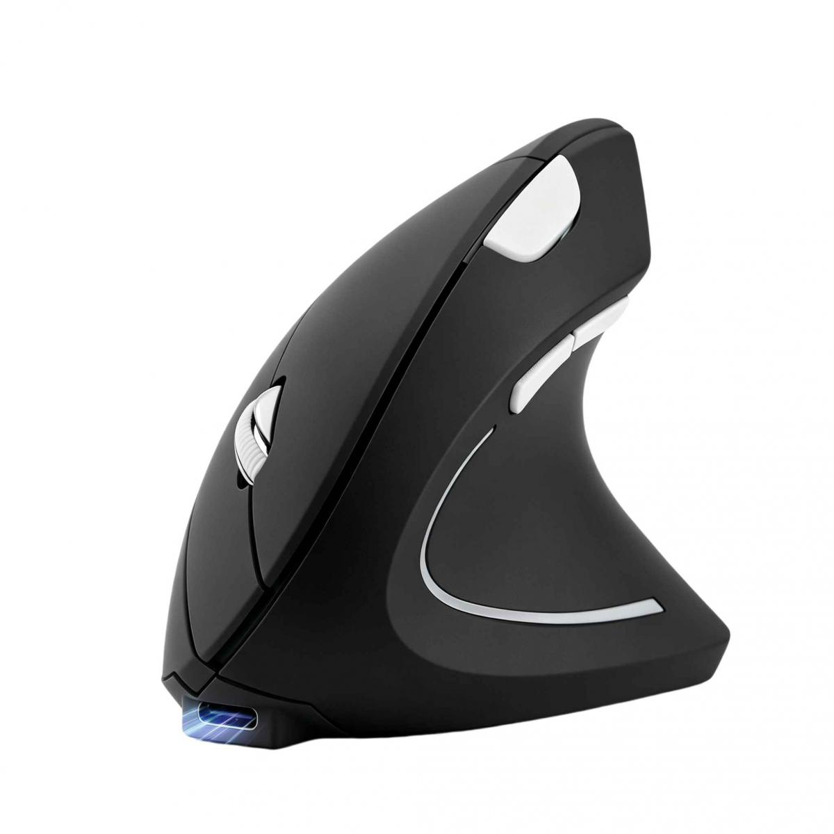 Eine schwarze ergonomische vertikale Computermaus mit weißen Tasten und leuchtend blauem Ladeanschluss.