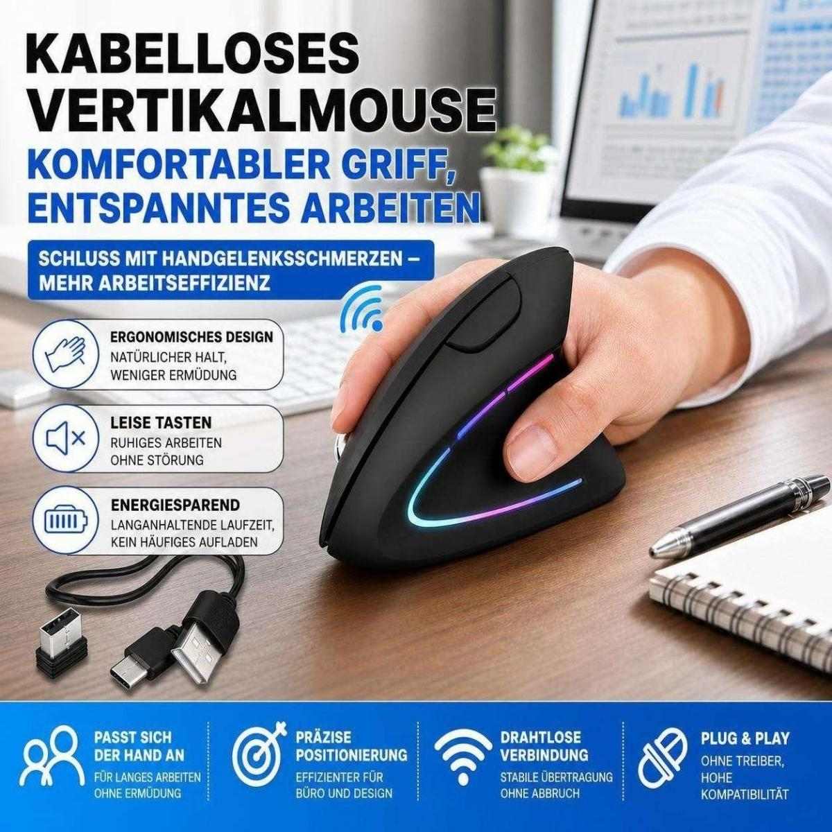 Eine Hand greift eine ergonomische, schwarze Funk-Vertikalmaus auf einem holzfarbenen Schreibtisch mit Textoverlay.