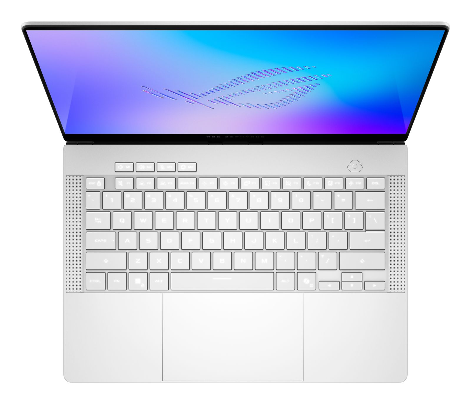 Ein weißer Laptop mit beleuchteter Tastatur und einem blauen Bildschirm.